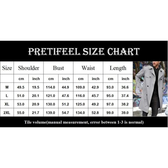 🆕 Men Black Double Breasted Long Jacket Notched Lapel Belt Fall Trench Coat Fit - Picture 7 of 7